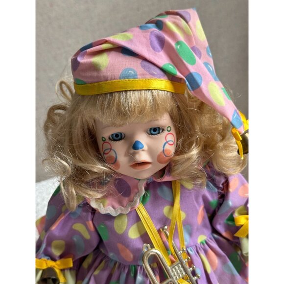 CRH International Porcelain Clown Doll Dressed Polka Dot Trumpet Bells Posable - Picture 2 of 5